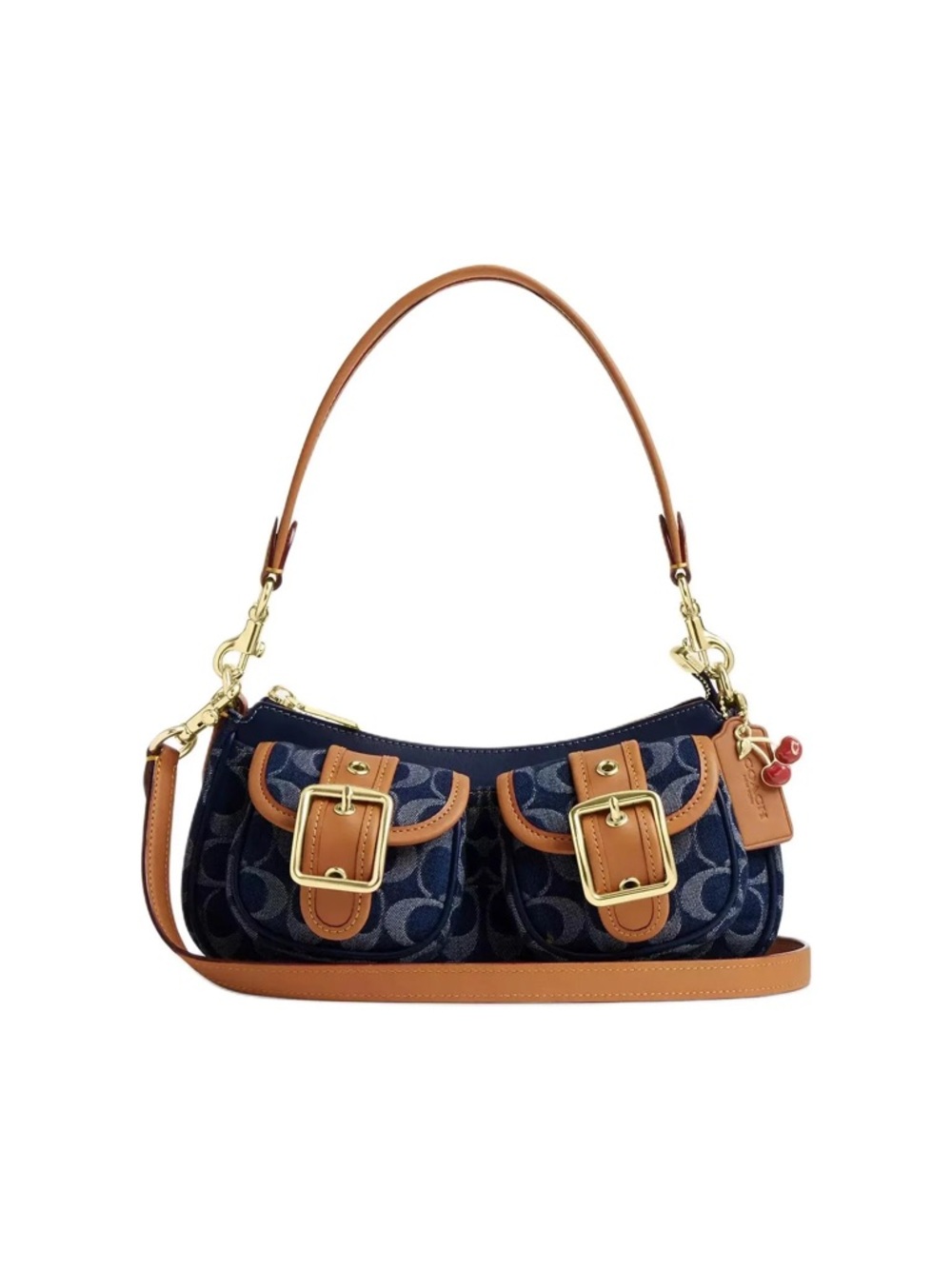 Coach Navy and Tan Signature Pocket Shoulder Bag